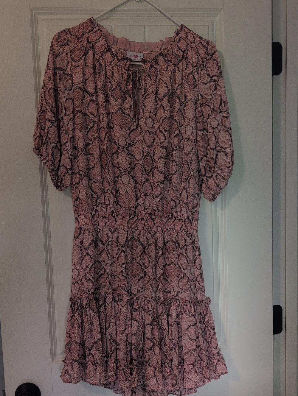 Pink Snake-Print Ruffle Mini Dress with Tie Neck